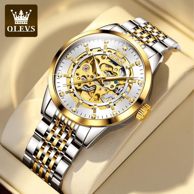 OLEVS Designer Luxury Mechanical Watch Diamond-encrusted Skeleton Large Gold Outdoor Business Luminous Waterproof Men's Watch Free Shipping Whole