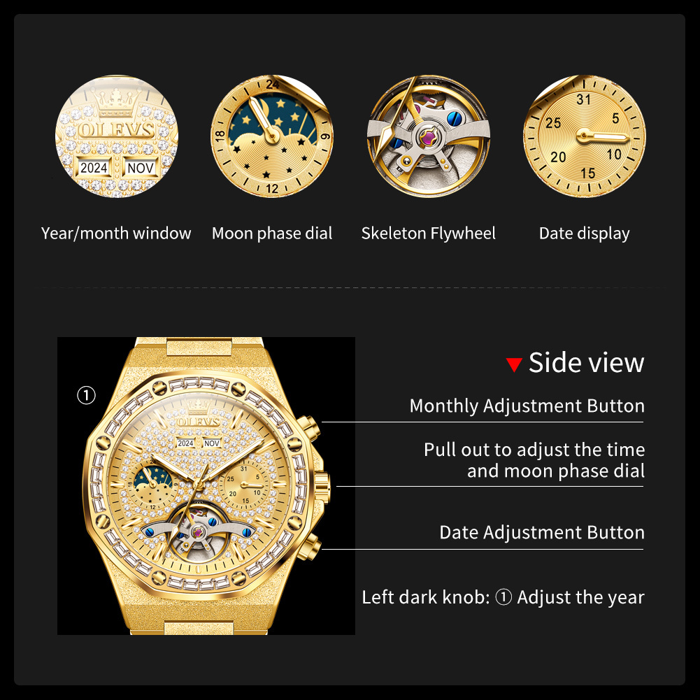 OLEVS Designer Outdoor Men's Business Watch Frosted Steel Band Skeleton Gold Style Mechanical Frame Sports Luxury Multi-functional Mechanical Wat