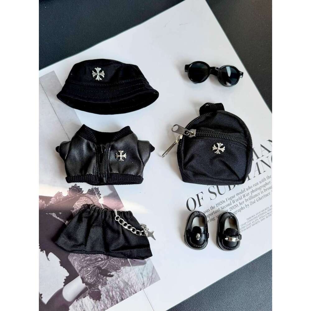 15/17cm Doll Labubu Sitting Party Motorcycle Trendy Cool Leather Jacket Hat Set Clothes