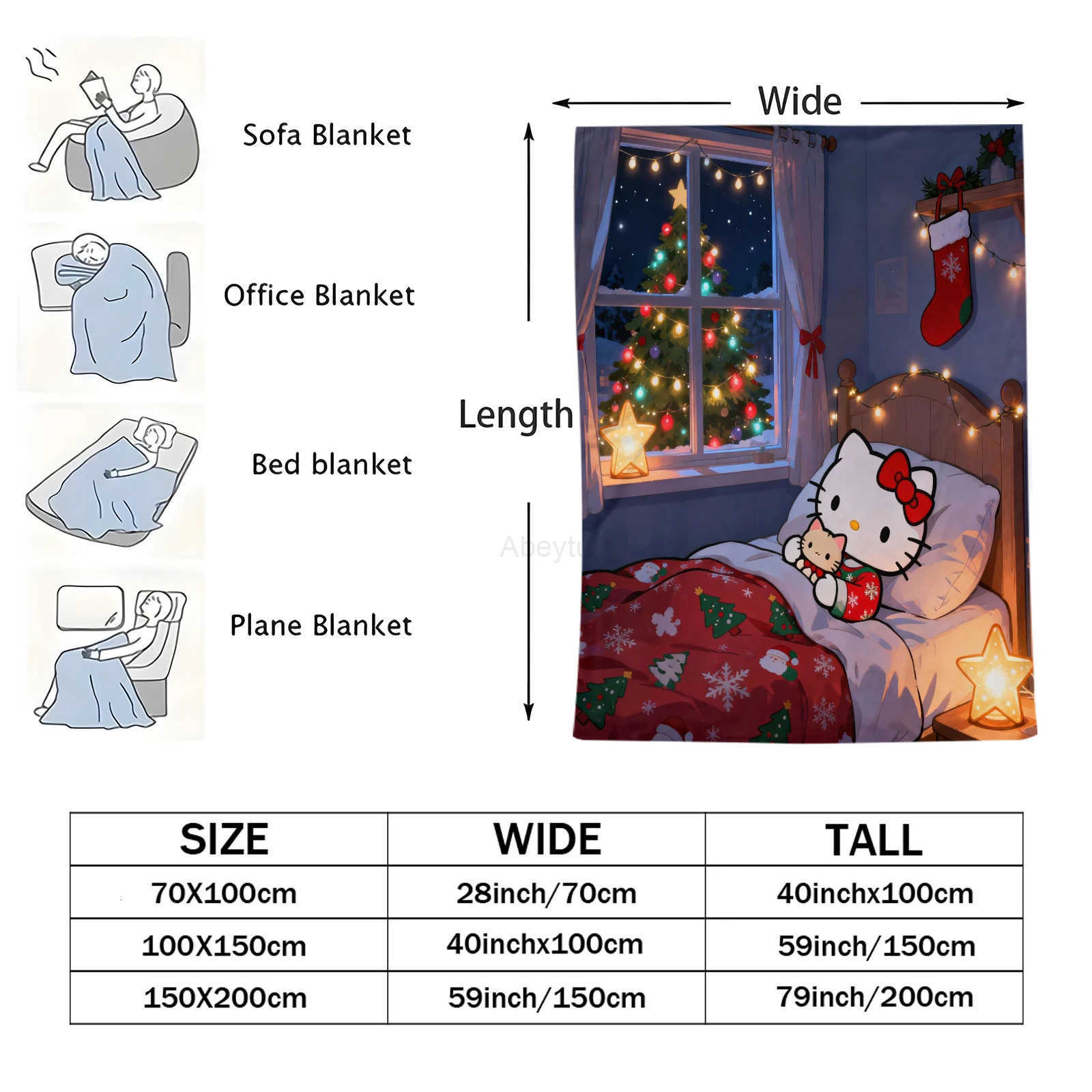 Sanrio Cute Hello Kittys Christmas Printed Blanket Fluffy Soft Flannel Sofa Kid Blanket Home Lunch Break Blanket Holiday Gifts H251201