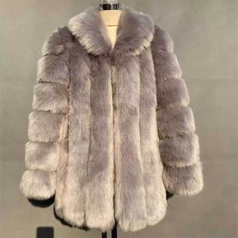 2025 Winter Womens Mid-Length Faux Fox Fur Coat Plush Luxe Warm faux fur Trench Elegant Thermal Outerwear Faux Fur TopsT251201