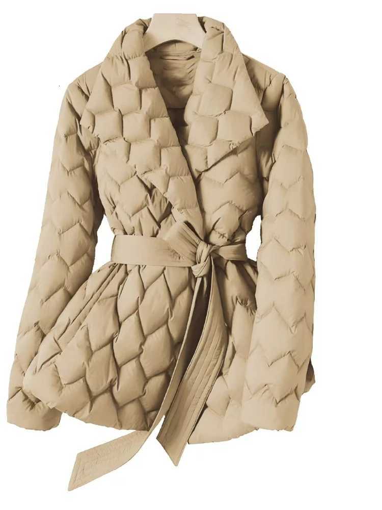 New in Winter Womens Coat Elegant Water Ripple Quilted Lightweight Down Cotton Jacket with Lapel Waist Cinched Commuting TopT251201