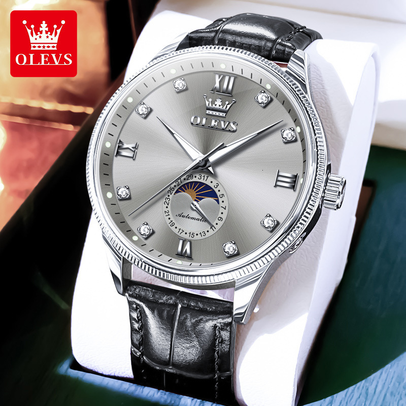 OLEVS Designer Luxury Men's Brand Business Diamond Watch Fully Automatic Mechanical Sun Moon Star Night Light Waterproof Watch Classic Versatile 