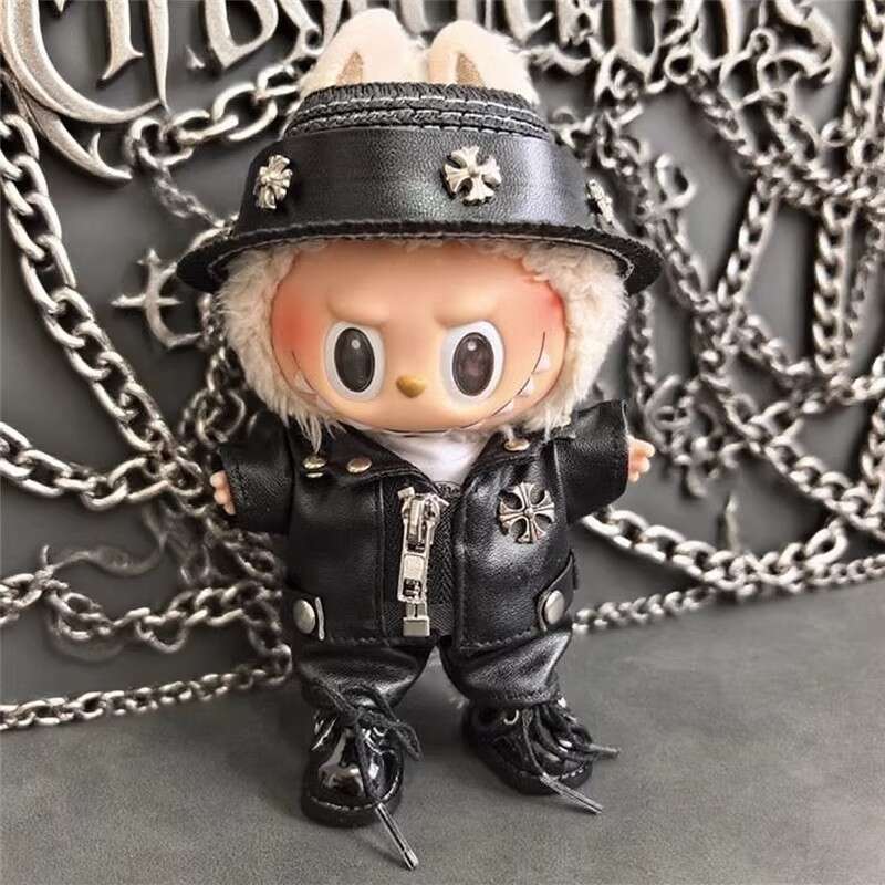 15/17cm Doll Labubu Sitting Party Motorcycle Trendy Cool Leather Jacket Hat Set Clothes