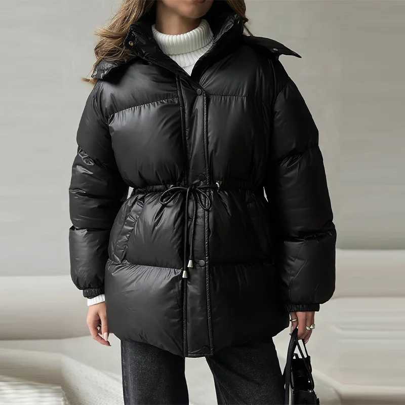 Womens Hooded Down Jacket Drawstring Waist Warm Parker Coat Solid Pocket Zipper Outwear 2025 Winter Thicken Long Sleeves CoatsT251201