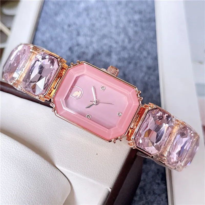 Brand Wrist Watches Women Girl Colorful Gems Style Steel Metal Band Quartz With Logo Luxury Clock SW72