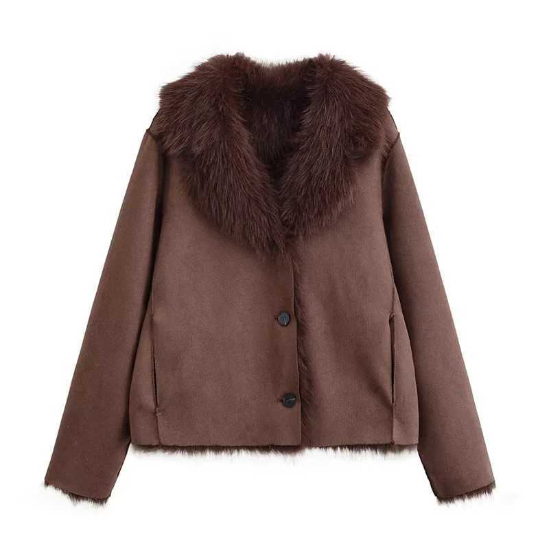 Womens Jacket 2025 Autumn New Style Brown Long-Sleeve Faux Fur Reversible Warm Coat Elegant and StylishT251201
