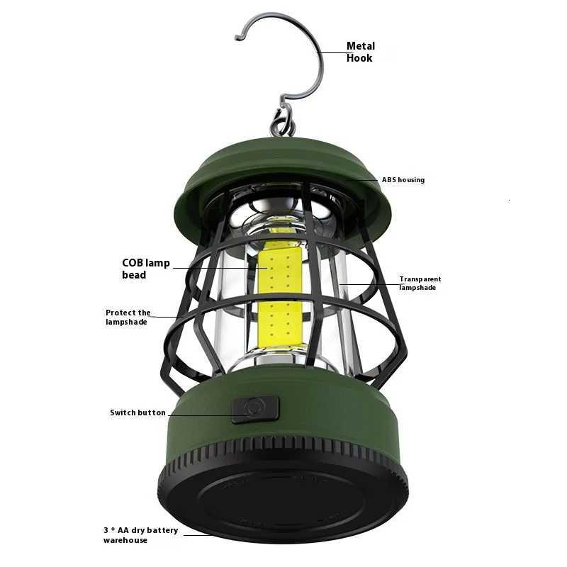 Outdoor Camping Lights Portable Handheld Hanging Tent Lanterns Retro Ambiance Lamp Gift with Hook Use 3XAA battery Power supply M251201