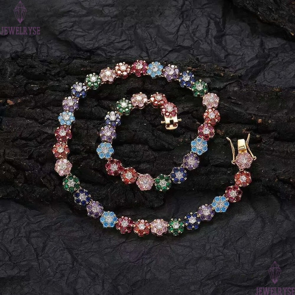 Hip-Hop tennis Sterling Sier VVS Moissanite dia cluster iced out cuban chain for men women colorful floral bracelet necklace
