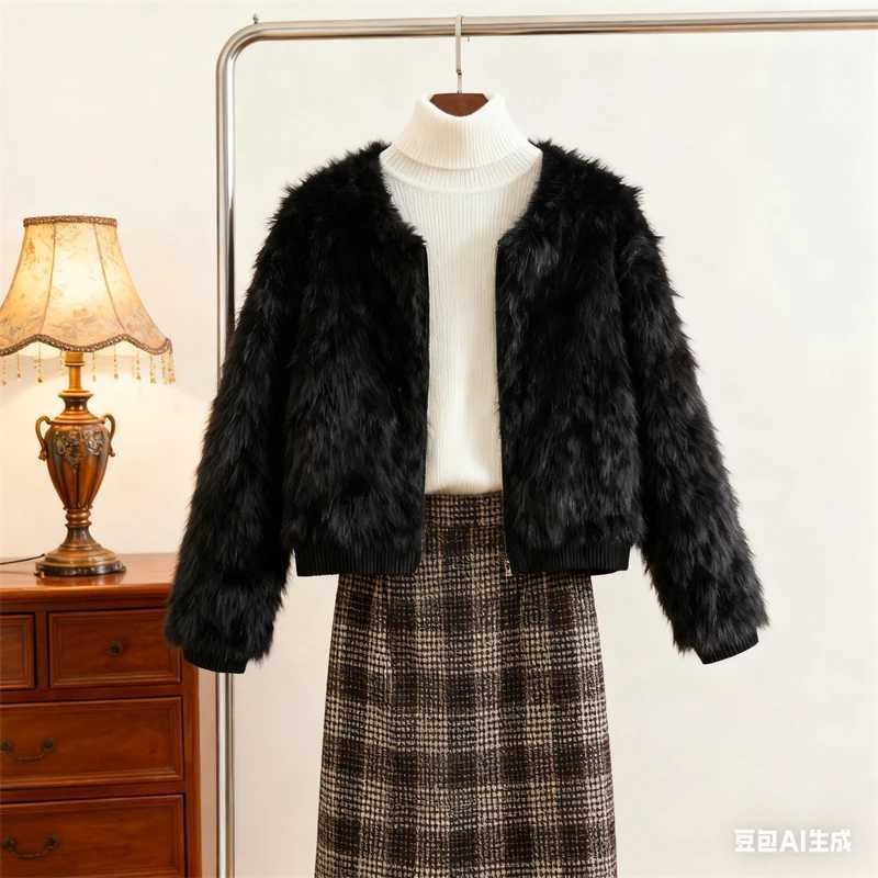 Black Faux Fur Bomber Jacket for Women - High Collar Zipper Closure Soft Fluffy Texture Stylish Cold-Weather CoatT251201