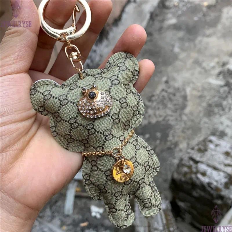 Cute Animal Keychains PU Leather Brand Design Bear Charm Key Chains for Cars Crystal Rhinestone Pendant Key Rings Holder Bag Jewelry Keyring
