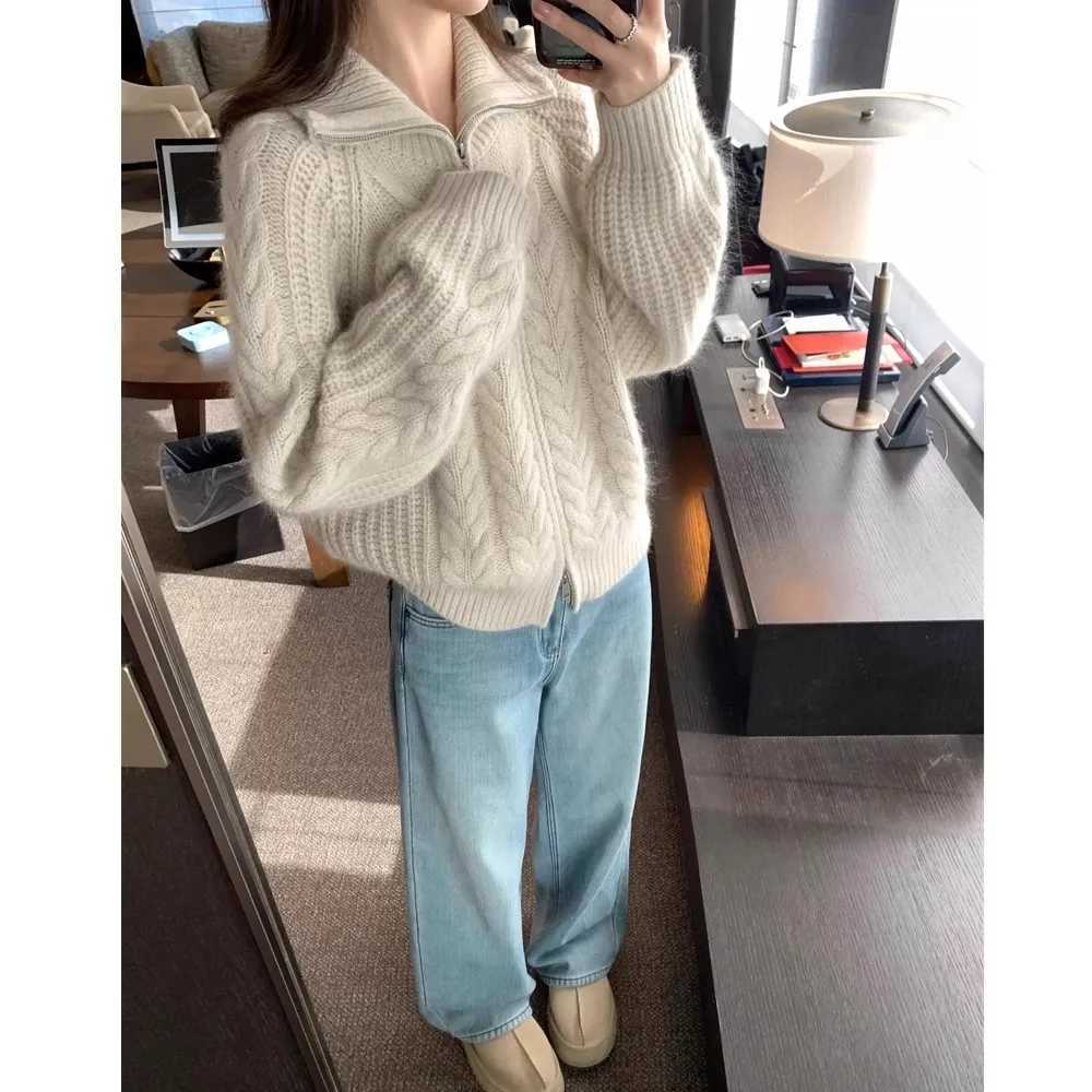 European high-neck zipper cashmere cardigan womens autumn winter thickened sweater wool knitted sweater twist coat lapel top M260306