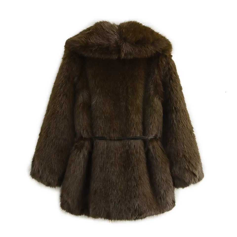Womens With Belt Faux Fur Coat Female Long Sleeve Turn-Down Collar Elegant Fashion Autumn Winter New Furry Outerwear StreetwearT251201