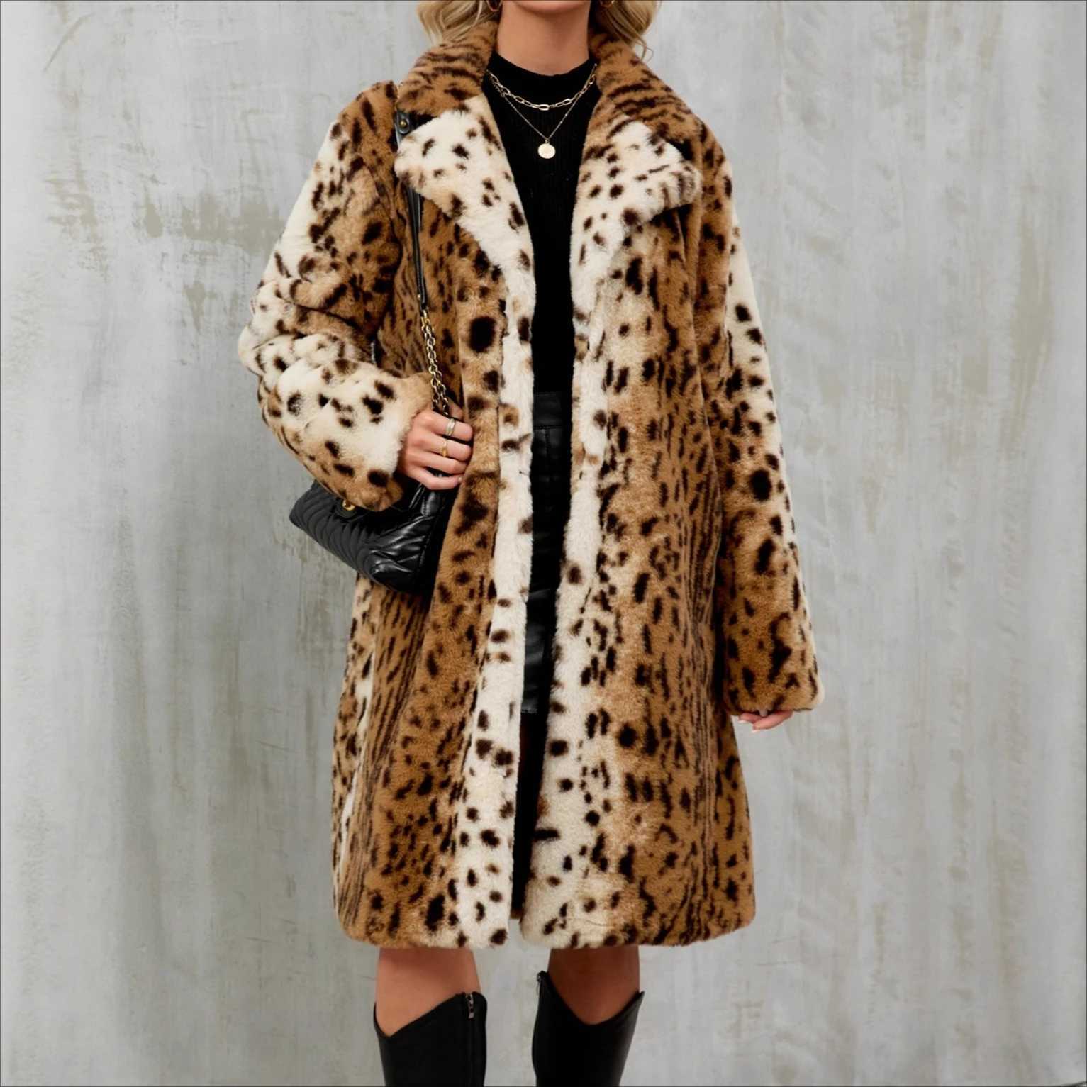 Faux Fur Women Coats Leopard Long Jackets Turn Down Collar Full Sleeves Single Breasted Straight Fit Casual Autumn Winter 2025T251201