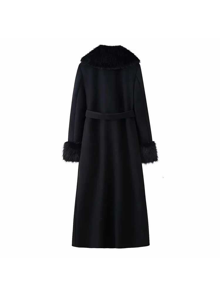 Women New Slim Black Faux Fur Woolen Patchwork Women Long Coat Chic Belt Full Sleeve Button Female Outwea CoatsT251201