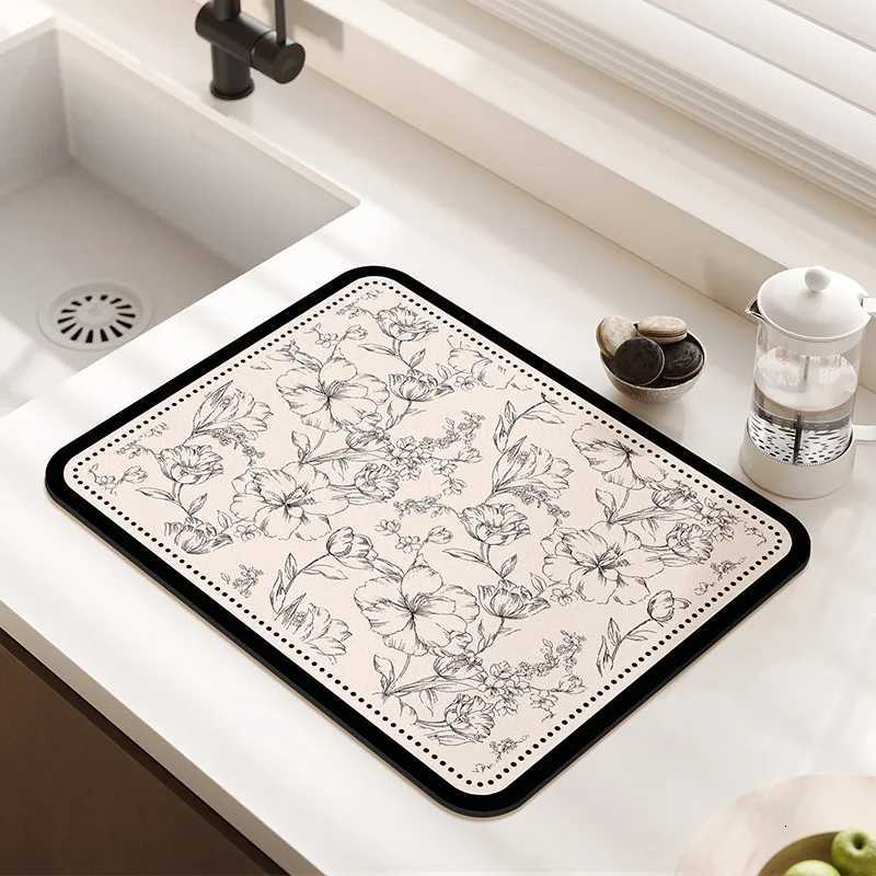 Kitchen Counter Drying Mat Floral Pattern Printed Diatomaceous Earth Absorbent Mat Desktop Tableware Dry Pad Cup Bar Mat Y251201