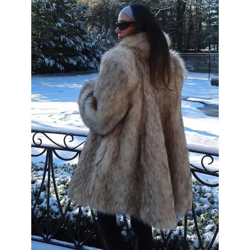 Female Outerwear Luxurious Fashion Lapel Faux Fur Midi Coat Women Street Long Sleeve Oversize Cardigan Jacket Winter Thick WarmT251201