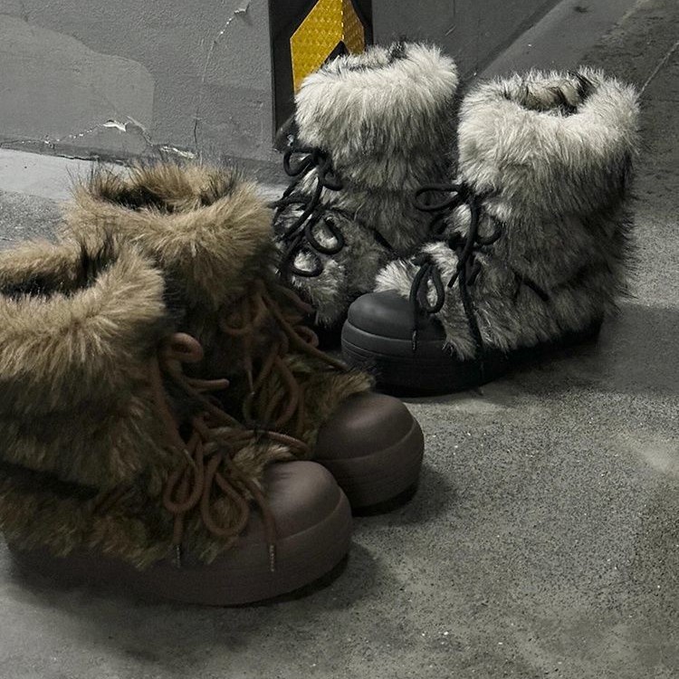 French style thick soled high boots for women new autumn and winter style lined with fleece for warmth mid-calf boots retro fur boots Doc Martens styl