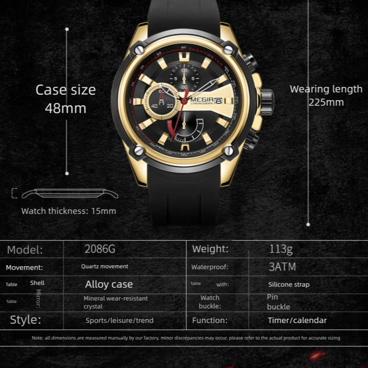 MEGIR Designer Men's Watch True Three Eyes Multi-function Sports Silicone Quartz Watch Watch Men2086 Versatile Business Leisure Luxury Wristwatch