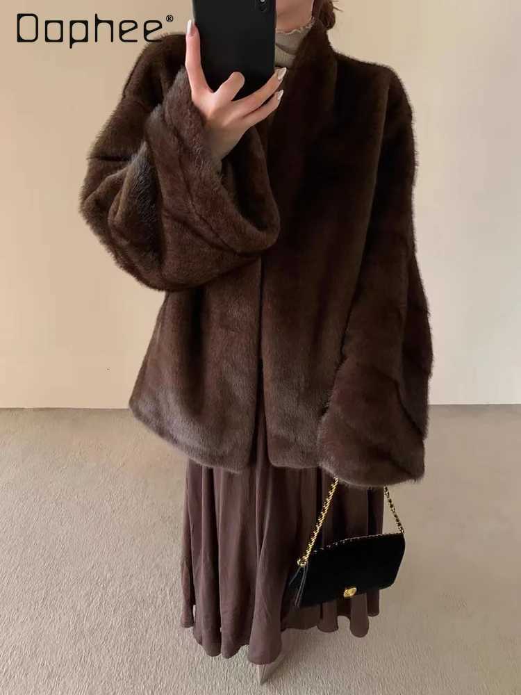 Elegant Stand Collar Eco-Friendly Fur Plush Coat Winter Korean Ins Trend Imitation Mink Fur Sheepskin Thickened Mid-Length CoatT251201