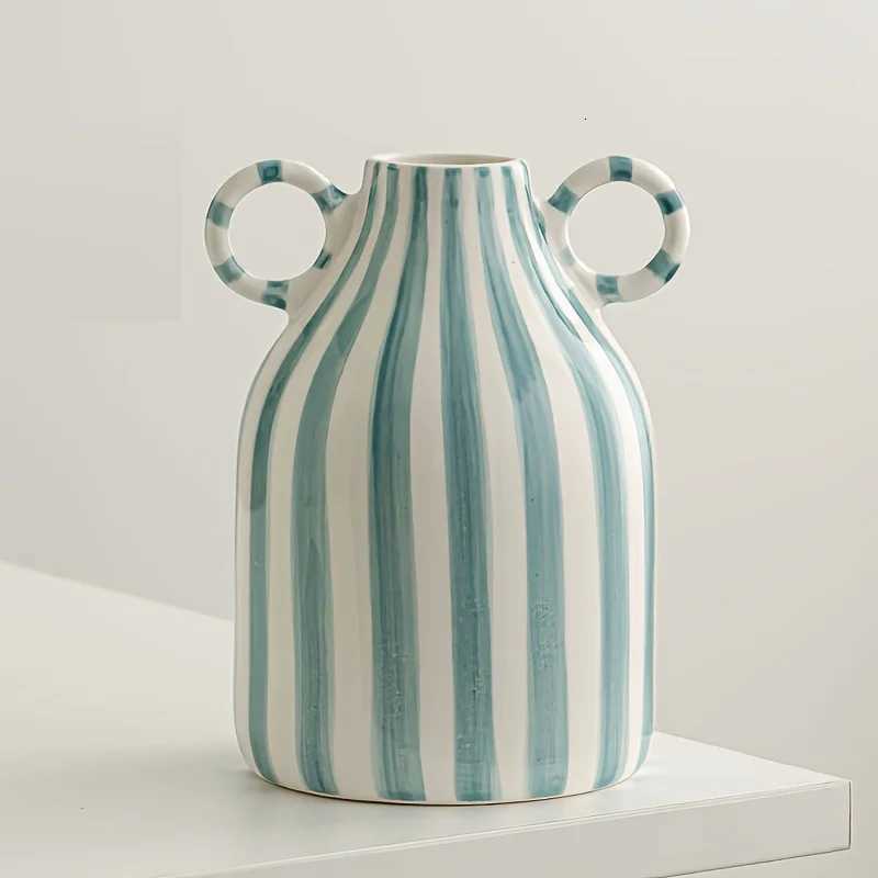 Hand-Painted Ceramic Vase with Dual Handles - Striped Cylinder Design for Living Ro Decor Earthenware Decorative Ornaments Y251201