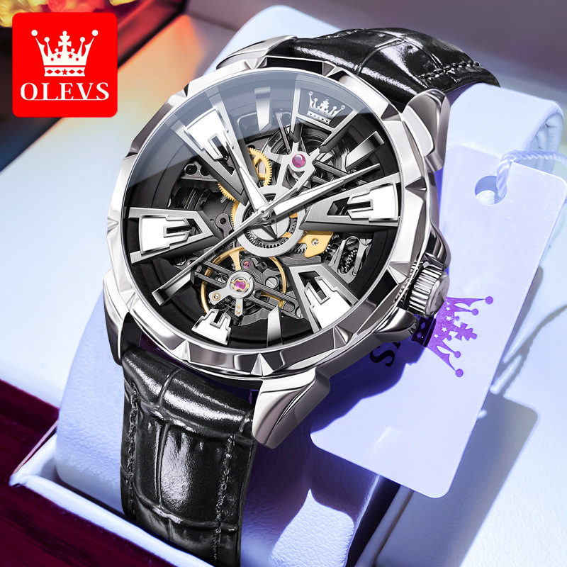 OLEVS Designer Luxury Men's New Business Watch Fashion Leather Strap Hollow Out Mechanical Luminous Waterproof Outdoor Sports Watch Free Shipping