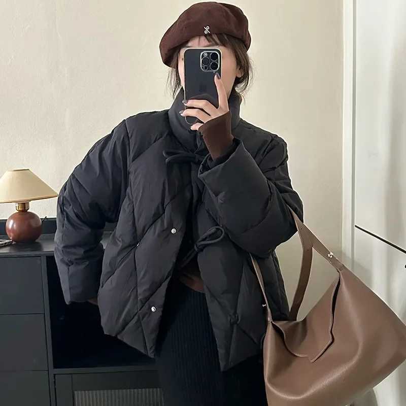 Chic Elegant Autumn Winter Women White Duck Down Coat Casual Lady Stand Collar Bow Outwear Female Solid Puffer Parka JacketT251201