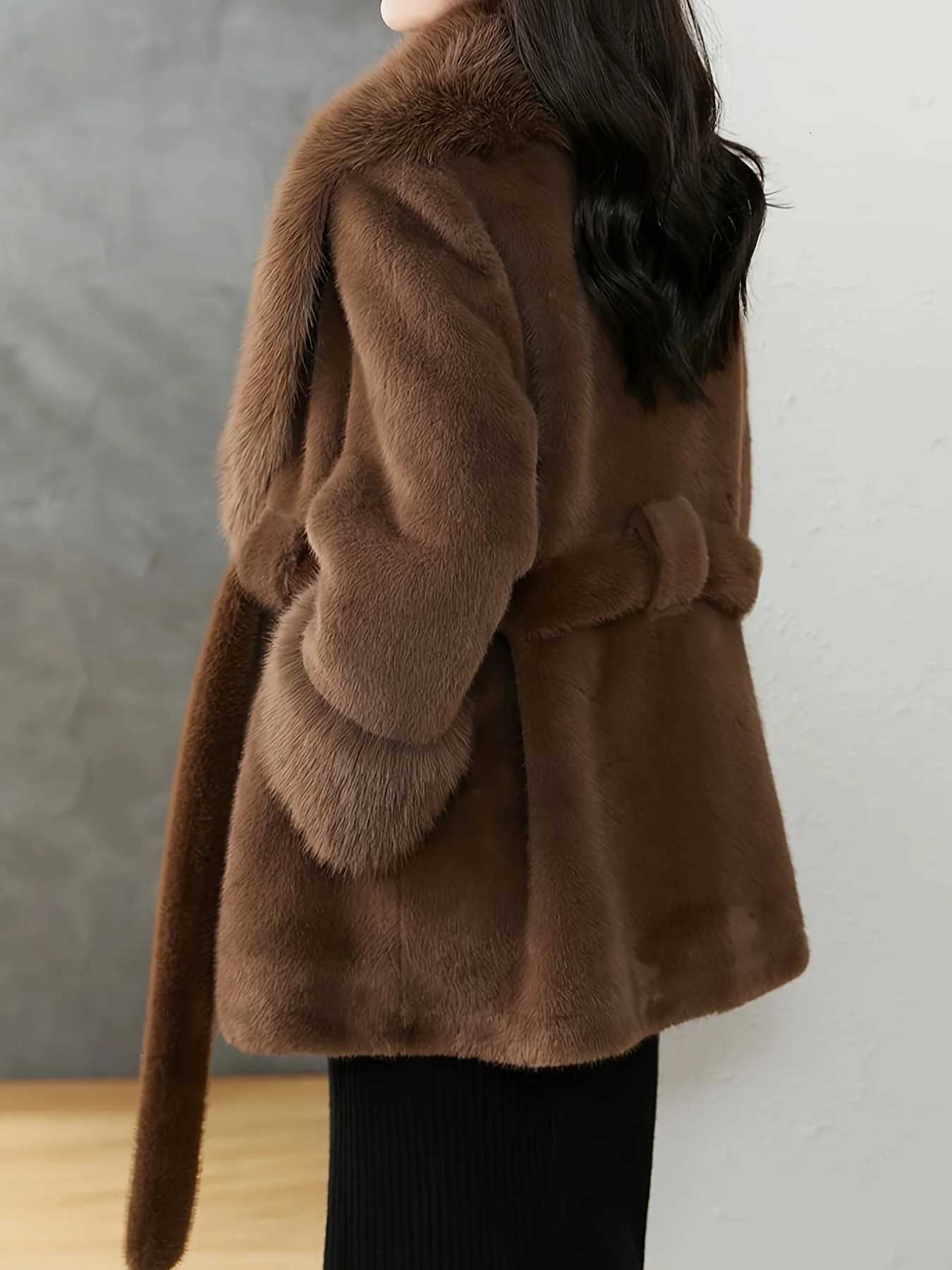 Luxurious Faux Fur Hood Brown Coat Warm Winter Elegance Textured Outerwear with Belt Shop NowT251201