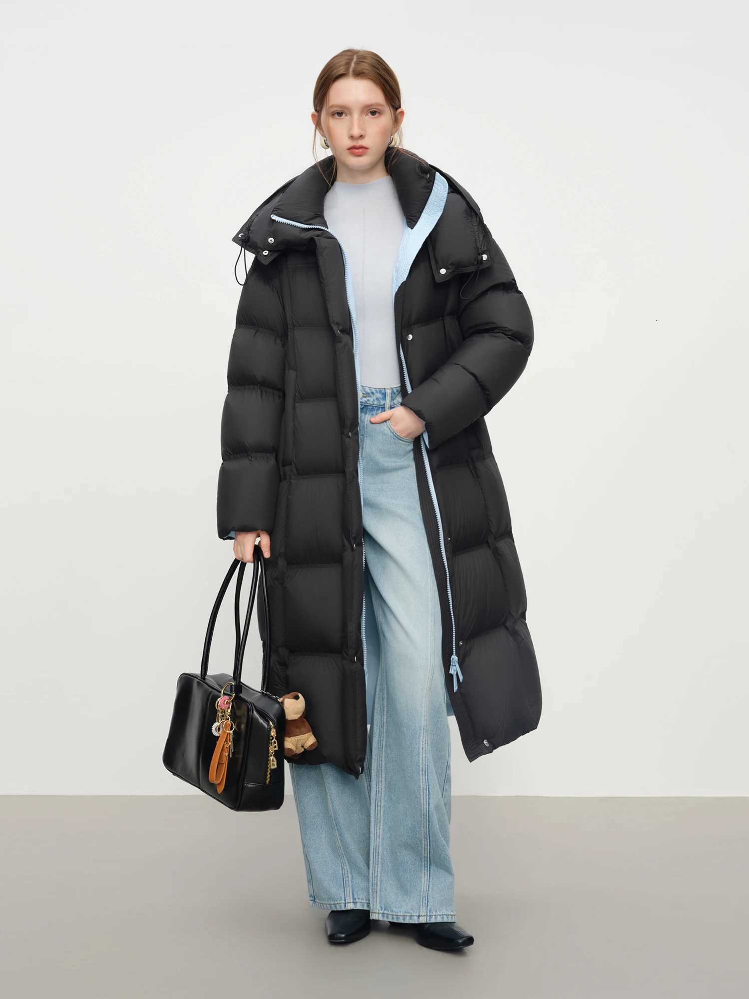 FSLE 2025 Winter New Womens Long Puffer Down Coat with Hood Two-Tone Color Block Thermal Insulated Jacket Heavy Warm OuterwearT251201