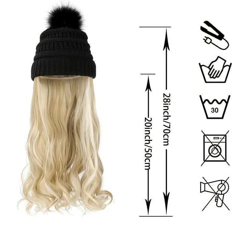 20inch Long Water Wavy Synthetic Hairpiece Beanie Hat - Woven Wigs with Knit Pom Cap and Warm Winter Design - Soft Detachable S251129 - view 5