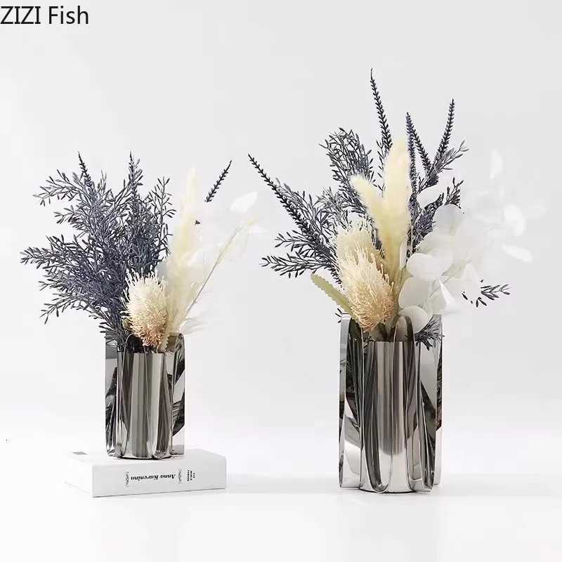 Silver-plated Metal Vase Artificial Flower Decorative Flowers Pots Desk Decoration Floral Arrangement Ro Aesthetic Decor Y251201