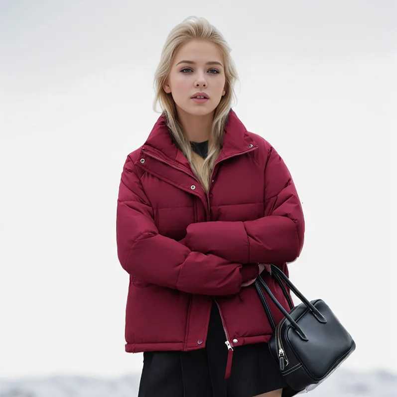 Womens Winter Puffer Coat Stand Collar Zipper Fly Pockets Loose Fit Quilted Coat For Female Thickened Ladys Thermal CoatT251201