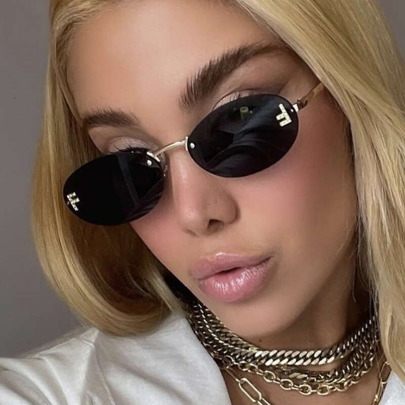 European and American Trend Small Decorative Glasses Rimless F Diamond Inlaid Oval Frame Fashion High-end Sunglasses Wholesale