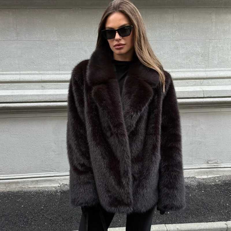 TARUXY Luxurious Faux Fur Lapel Coat Womens Elegant Solid Loose Lace-Up Leisure Jacket Winter Fashion Female Keep Warm Fur CoatT251201