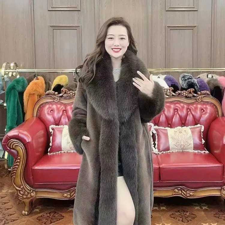 Faux Fur Coats Women Long Coat Thick Warm Turn Down Collar Open Stitch Spring Outerwear Jackets Elegant Splice Autumn WinterT251201