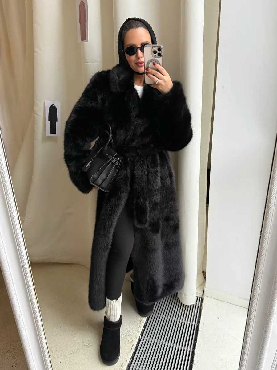 Long Coats Women Faux Fur Y2k Maxi Overcoat Lace Up Turn Down Collar Full Sleeve Thick Loose Elegant Jackets Autumn Winter 2025T251201