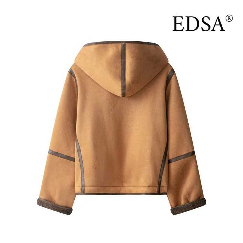 EDSA Women Hooded Faux Fur Jacket Coat Loose Button Lamb Wool Full Sleeve Jacket 2025 Autumn Winter Warm Thicken OutwearT251201