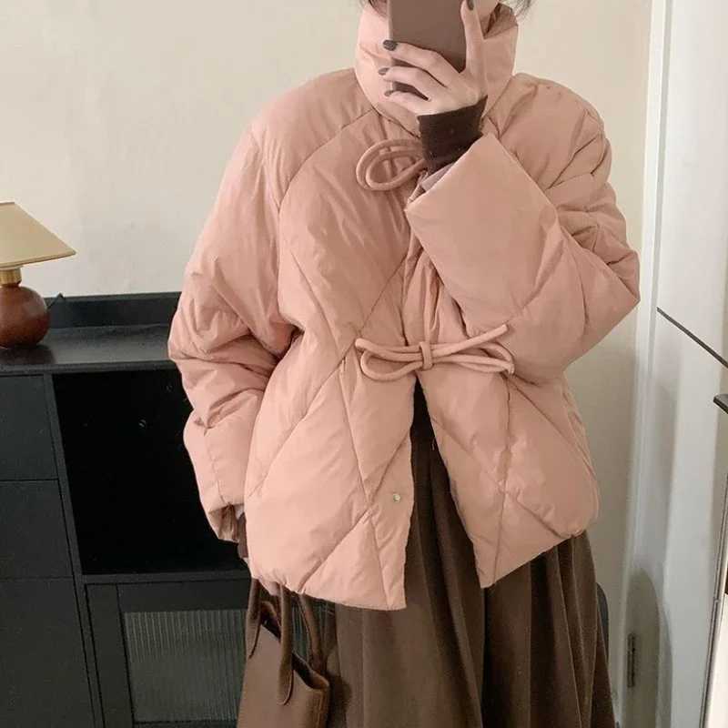 Chic Elegant Autumn Winter Women White Duck Down Coat Casual Lady Stand Collar Bow Outwear Female Solid Puffer Parka JacketT251201