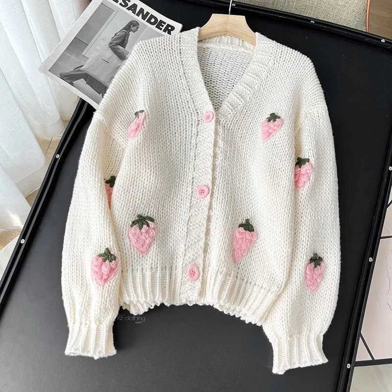 Sweet Strawberry Long Sleeve Loose Cardigans Women Spring Autumn 2026 V Neck Single Breasted Preppy Style Sweater Knitted Tops M260306