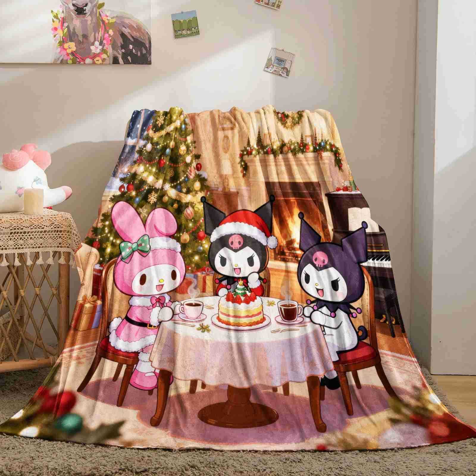 Sanrio Kawaii Kuromi My Melody Christmas Printed Blanket Cartoon Flannel Blanket for Bed Living Room Bedroom Home Travel Picnic H251201