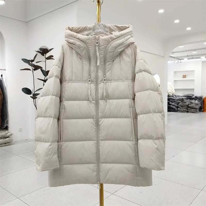 Winter Solid Hooded Mid Length Down Jacket Women 90 White Duck Down Loose Down Jacket Female Warm Double Zipper Parker OutwearsT251201