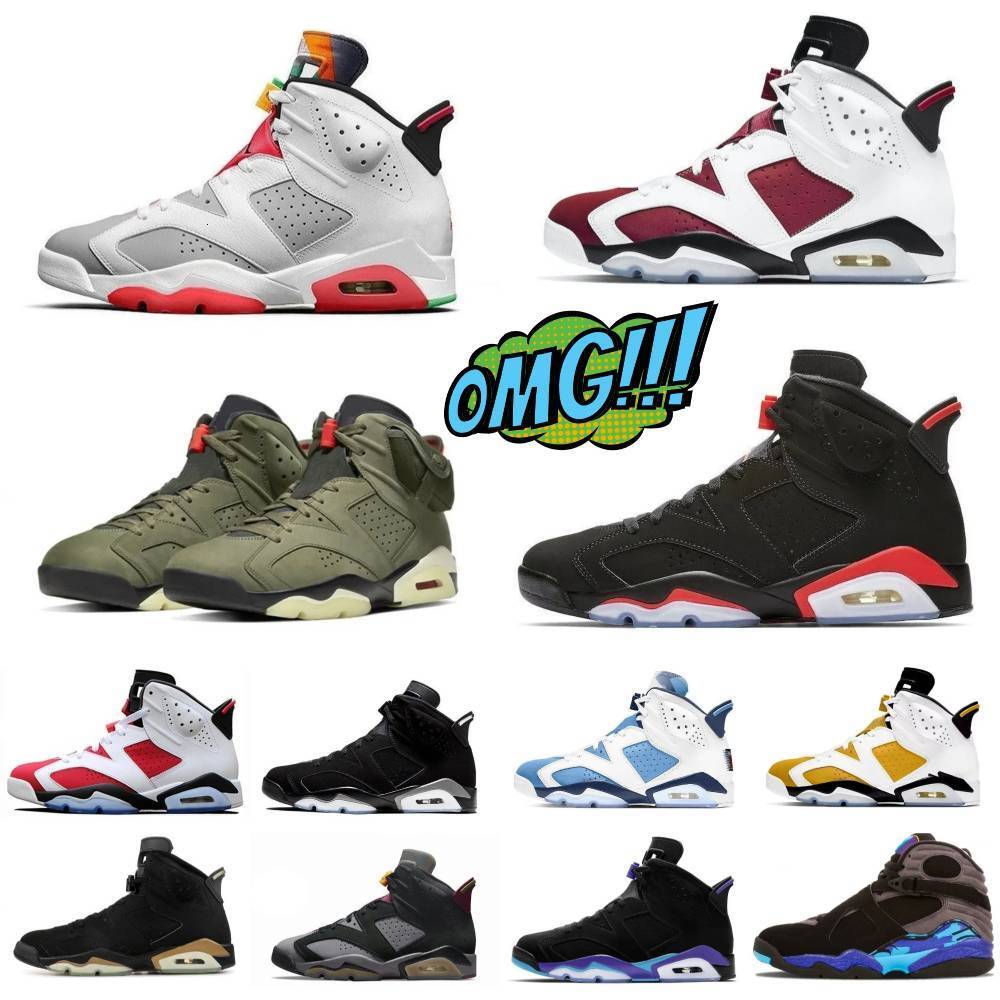 Designer 6 J6 Carmine Sports Shoes Trainers Mans 6S 8S TS Tinker UNC White Hare Outdoor Basketball Shoe Grape Aqua Blue Chrome Oreo Pine Green Black Infrared Sneakers