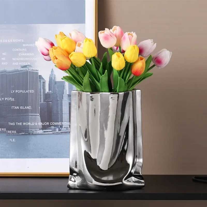 Silver Ruffled Flower Vase Ceramic Vase Porcelain Flower Arrangement Decoration Bag Shape Terrarium He Decoration Vases Pots Y251201