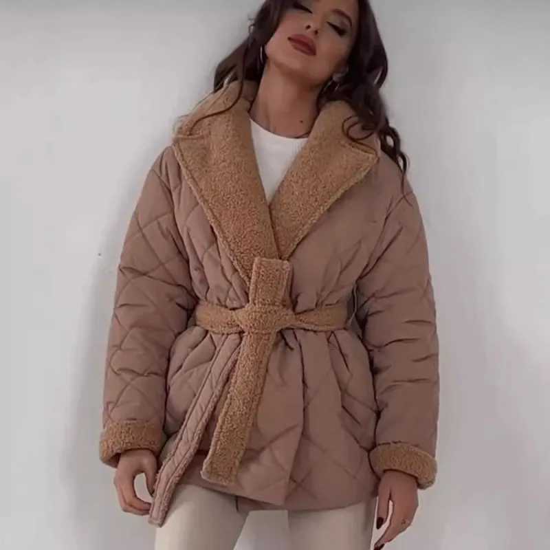 Elegant Quilted Coat With Faux Fur Lining For Women Fashion Lapel Belted Waist Coat Lady 2025 Fall Winter Chic Street OuterwearT251201