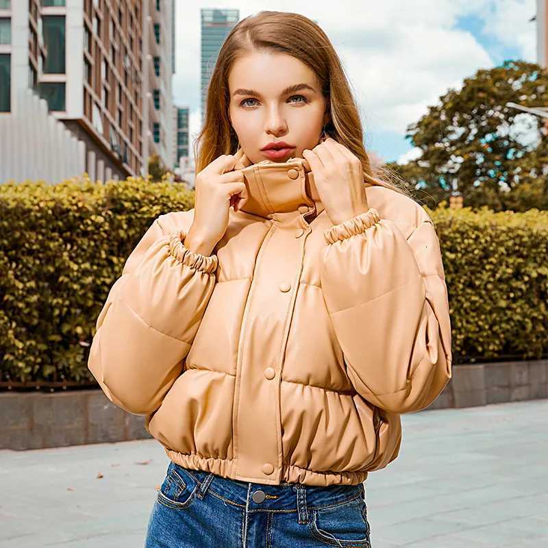 Winter womens thick warm jacket womens fashionable PU leather coat womens standing collar short warm bread jacketT251201