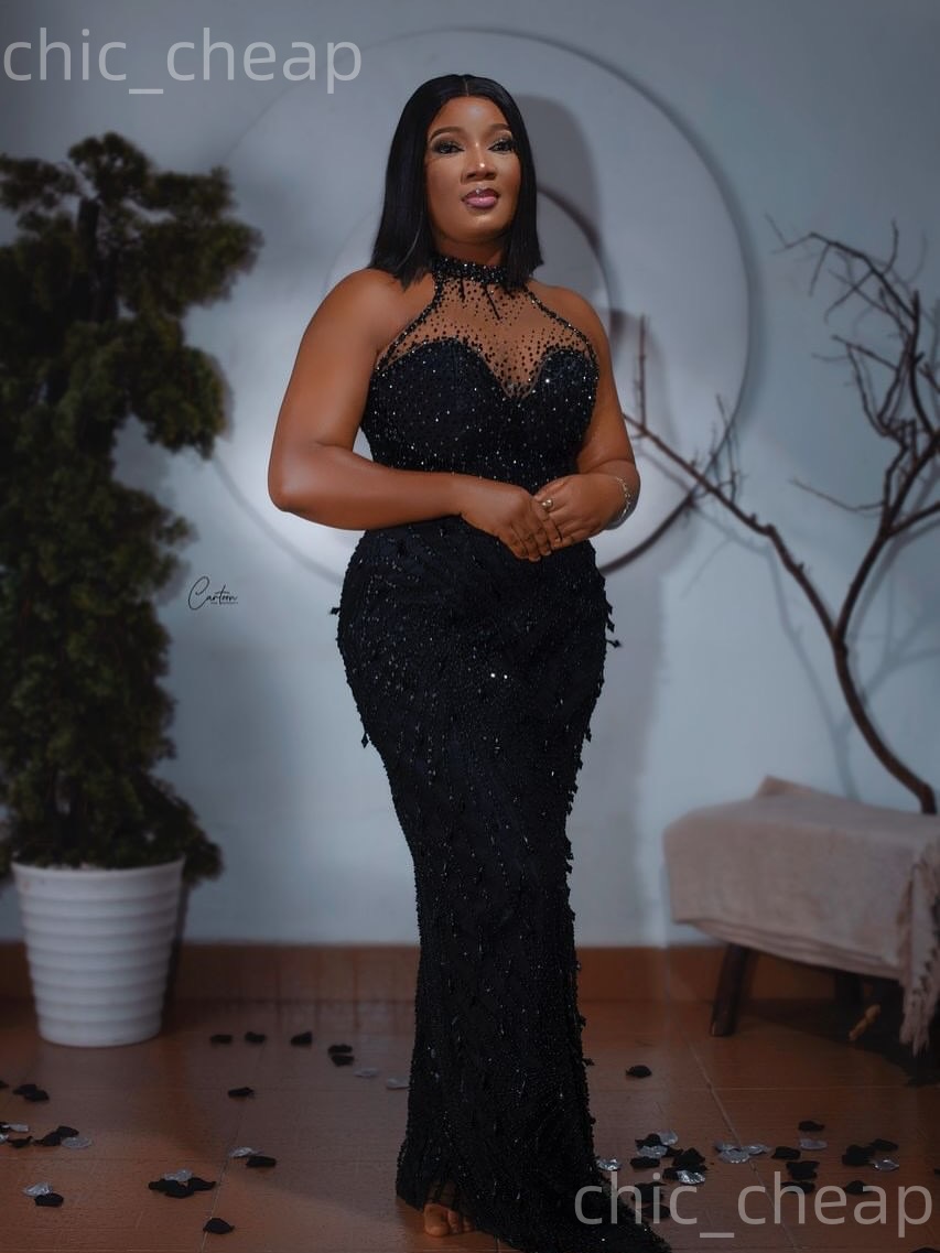 Aso Ebi Black Sheath Prom Dresses 2026 Beaded Rhinestones Sheer Neck Evening Formal Party Second Birthday Engagement Gowns Plus Size Dress For Special