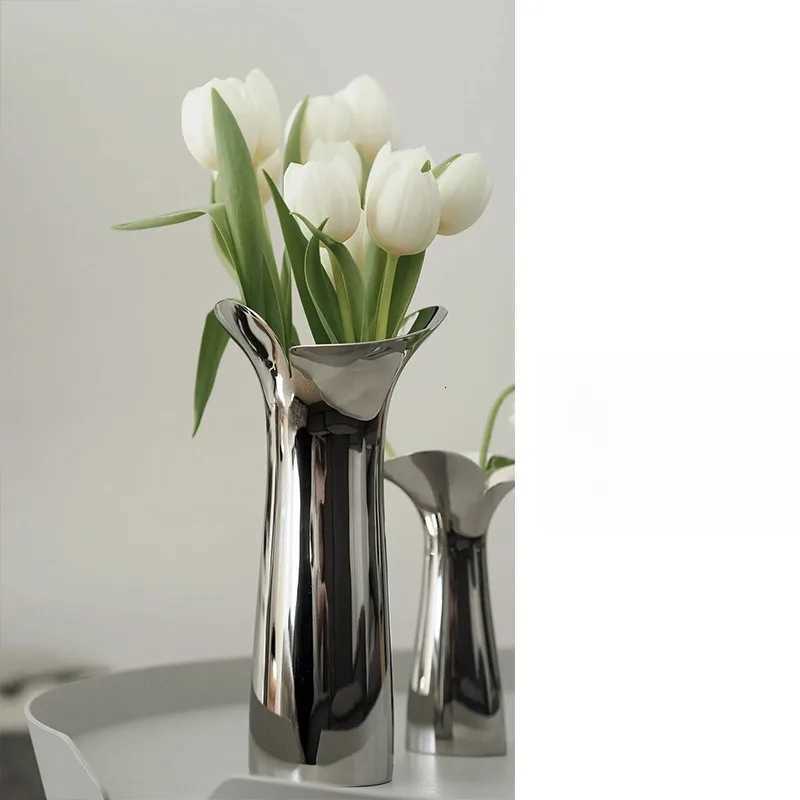 Nordic Luxury Ceramic Vase Silver Plated Modern Floral Arrangement Artistry for Living Ro Dining Table He Decor Y251201