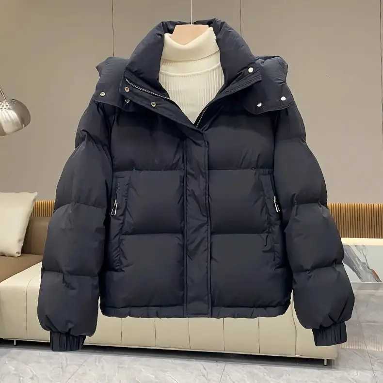2025Autumn Winter New Down Cotton Jacket Womens Korean Solid Thicken Warm Hooded Short Coat Female Casual Ladies TopT251201