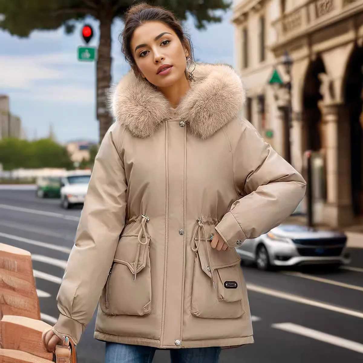 Winter 2025 Womens Padded Jacket Female Fur Collar Warm Parkas Coats Womems Hooded Drawstring Waist Cinching Cotton JacketT251201