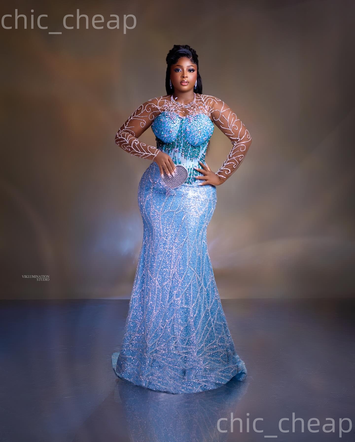 Aso Ebi Sky Blue Mermaid Prom Dresses 2026 Crystals Beaded Full Sleeves Evening Formal Party Second Birthday Engagement Gowns Plus Size Dress For Spec